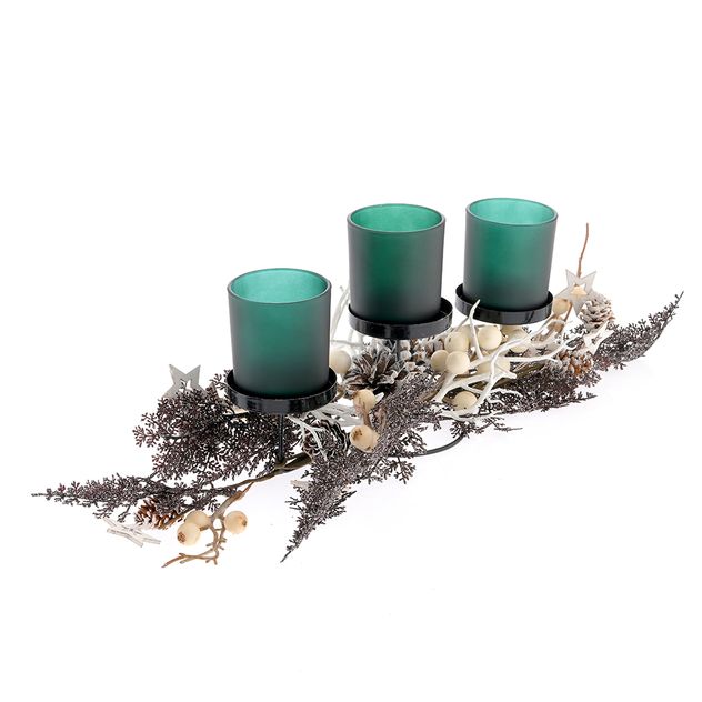 Suport triplu pentru lumanari cu crengute si conuri