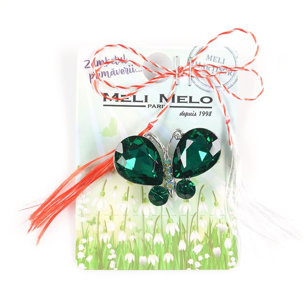 Brosa martisor fluture cu pietre verzi si accente argintii