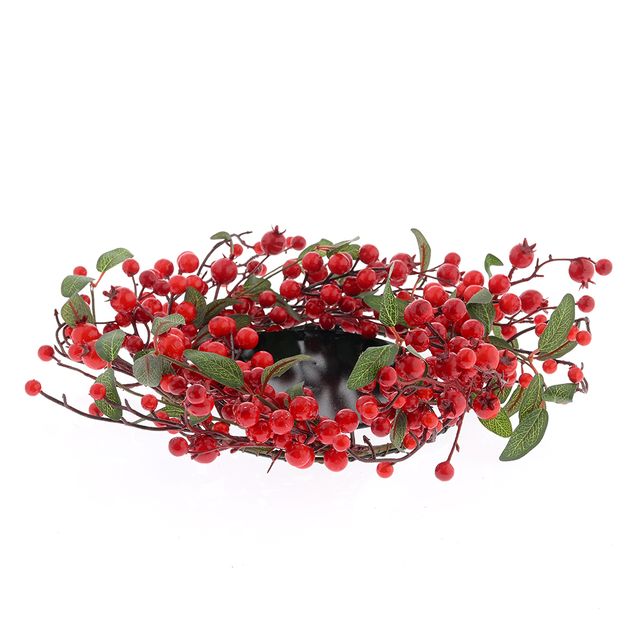 Suport decorativ pentru lumanare cu fructe rosii si frunze verzi