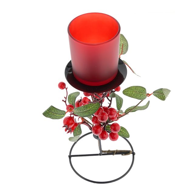 Suport metalic pentru lumanare cu decor de fructe rosii