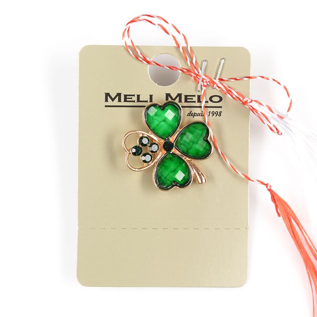 Brosa martisor trifoi cu margini aurii si pietre verzi