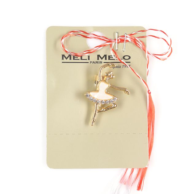 Brosa martisor balerina aurie cu rochie alba