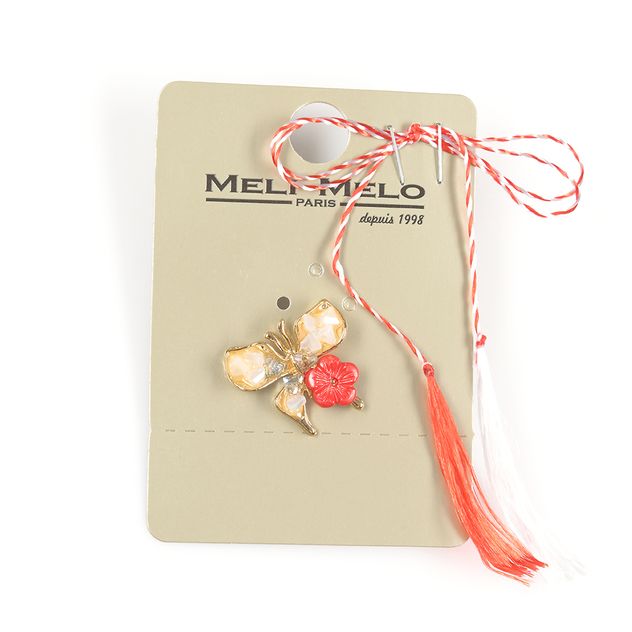 Brosa martisor fluture auriu cu floare rosie