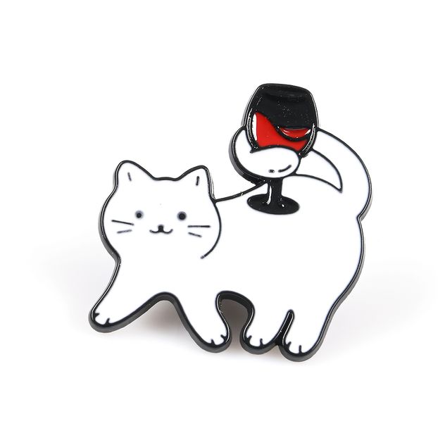 Brosa martisor pisica alba cu pahar de vin