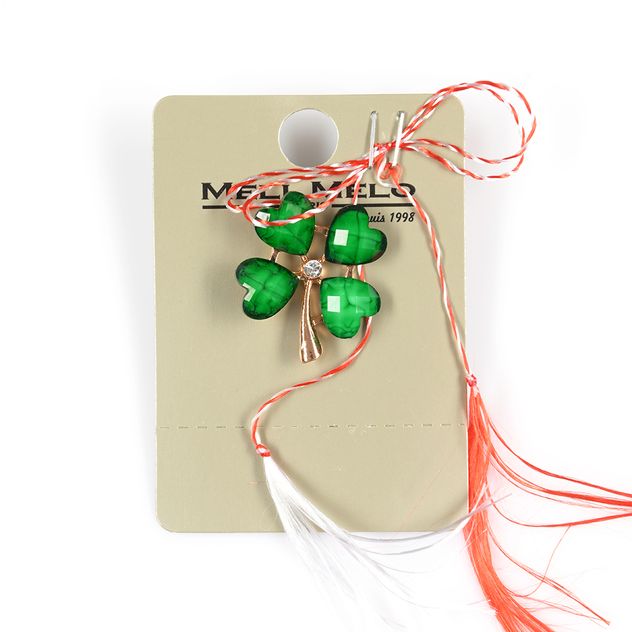 Brosa martisor trifoi cu patru foi si accente aurii