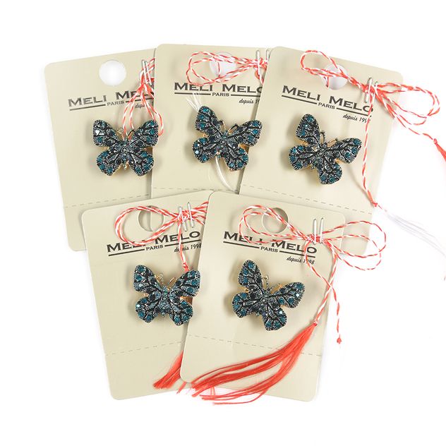Set 5 brose martisor fluture cu pietre albastre