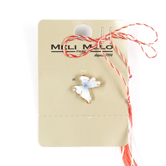 Brosa martisor fluture bleu cu perle si contur auriu