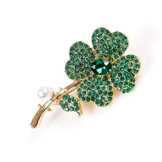 Brosa martisor trifoi auriu cu pietre verzi si perla alba