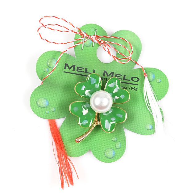 Brosa martisor trifoi verde cu perla alba