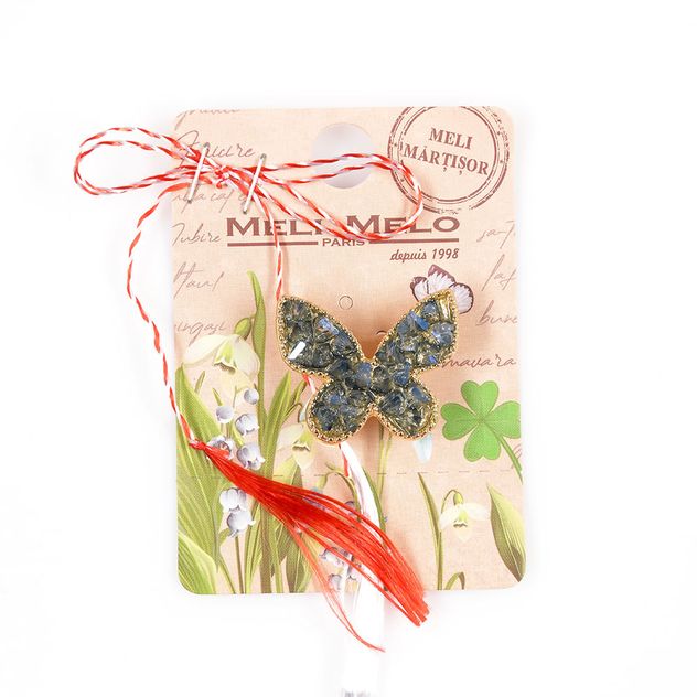 Brosa martisor fluture cu pietre albastre si detalii aurii