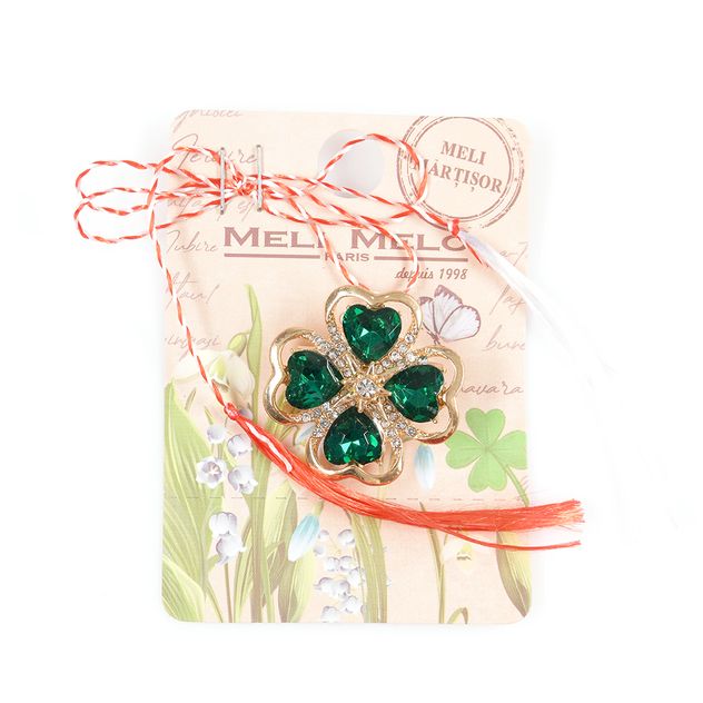 Brosa martisor trifoi cu contur auriu si pietre verzi