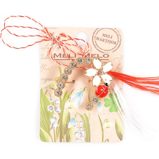 Brosa martisor potcoava cu floare alba si buburuza