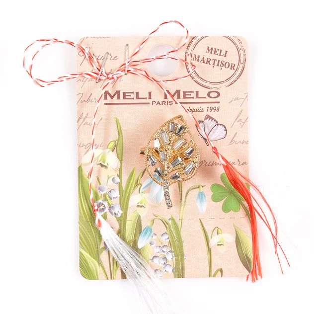 Brosa martisor frunza aurie cu pietre acrilice