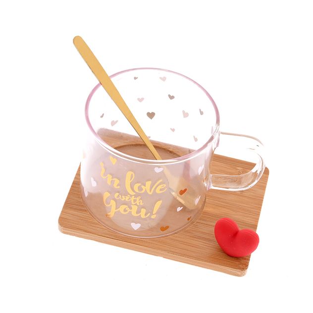 Cana cu mesaj romantic, lingurita si suport lemn, 280 ml