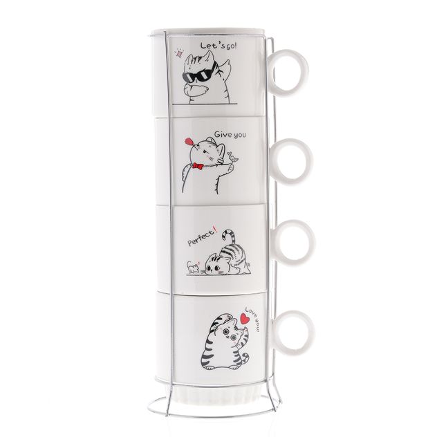 Set 4 cesti ceramica cu pisici si suport metalic, 250 ml