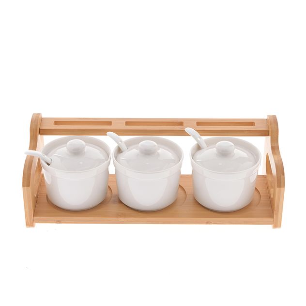 Set 3 recipiente ceramice cu lingurite si suport bambus