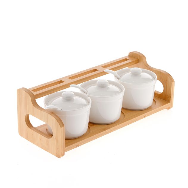 Set 3 recipiente ceramice cu lingurite si suport bambus