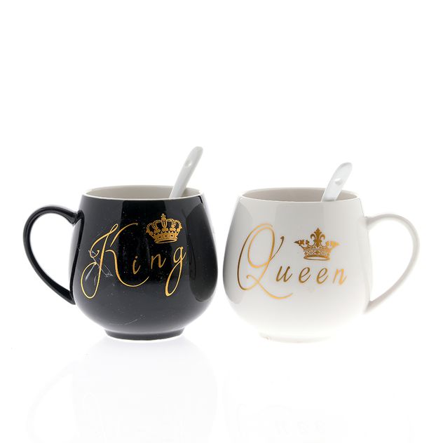 Set 2 cani 300 ml King & Queen cu lingurite ceramice