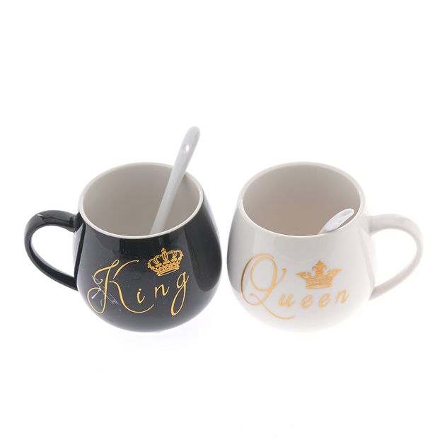Set 2 cani 300 ml King & Queen cu lingurite ceramice