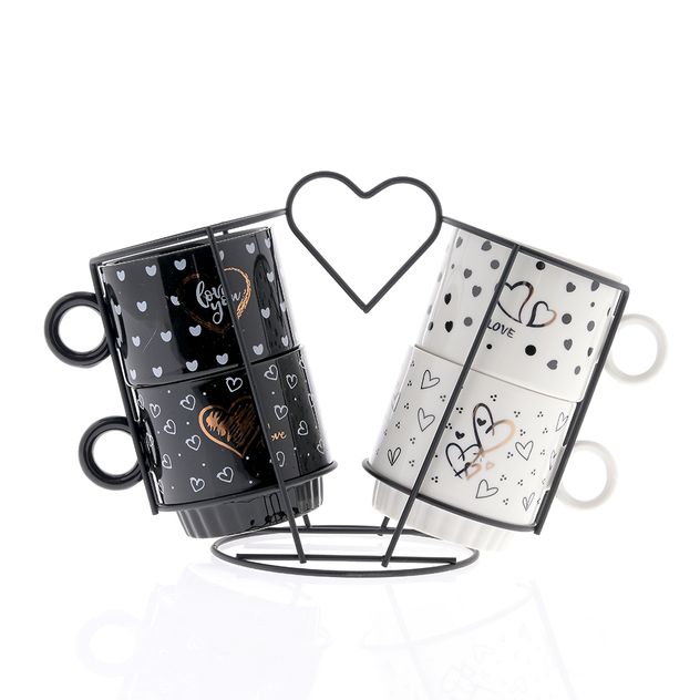 Set 4 cesti cafea cu inimioare si suport metalic inima, 250 ml