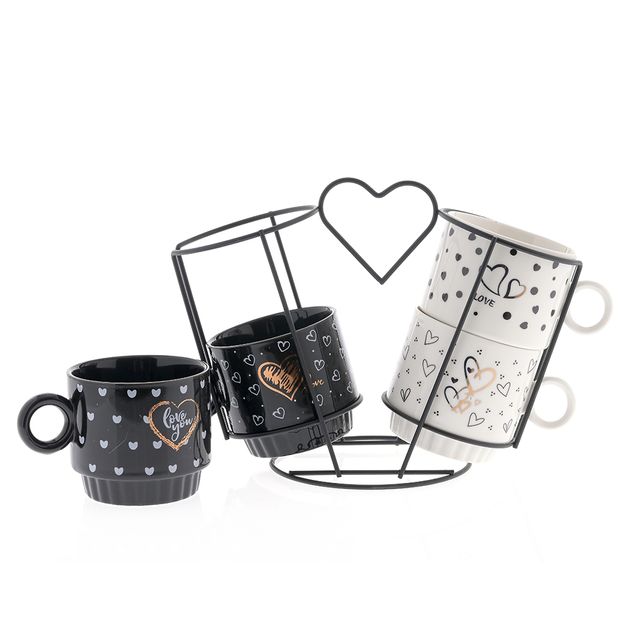 Set 4 cesti cafea cu inimioare si suport metalic inima, 250 ml
