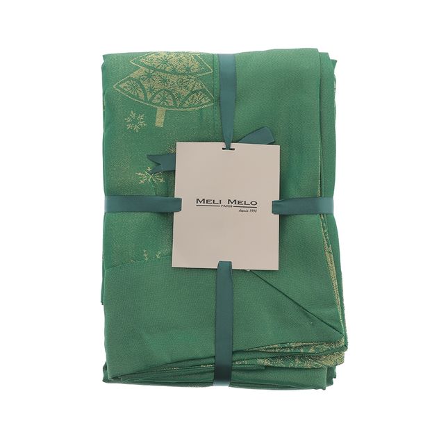 Fata de masa verde cu braduti aurii si fulgi de zapada 150 x 240 cm