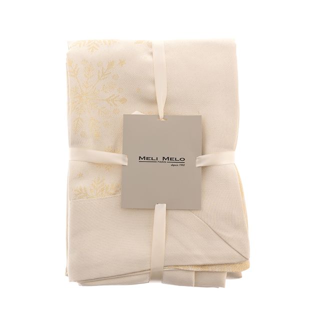 Fata de masa crem cu fulgi aurii si design elegant de iarna