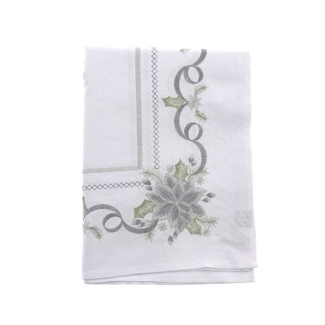 Fata de masa alba cu imprimeu floral argintiu si bordura decorativa