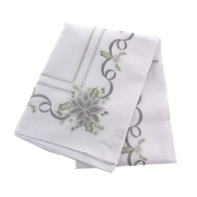 Fata de masa alba cu imprimeu floral argintiu si bordura decorativa