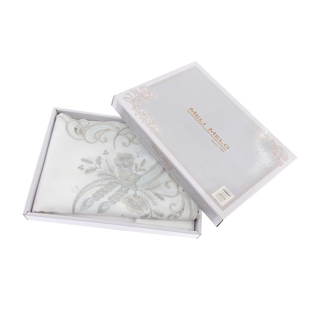 Fata de masa festiva alba cu broderie argintie si bordura eleganta