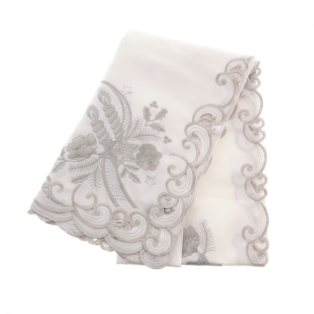 Fata de masa festiva alba cu broderie argintie si bordura eleganta