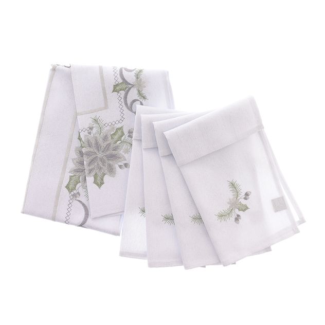 Set napron cu 4 servete albe de Craciun
