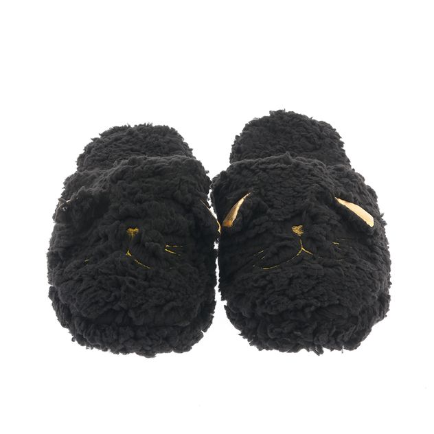 Papuci de casa negri cu model pisica si detalii aurii