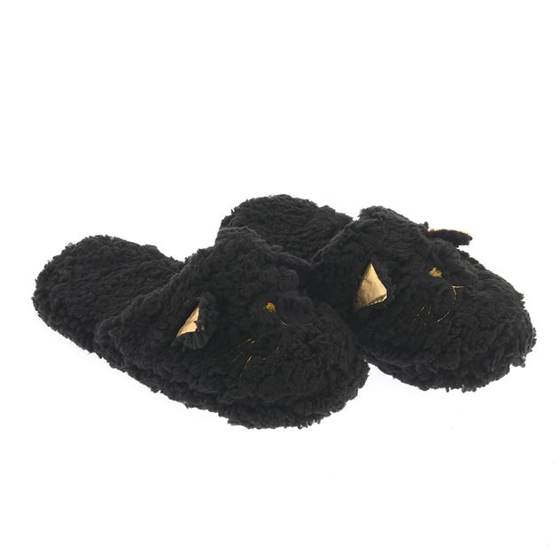 Papuci de casa negri cu model pisica si detalii aurii