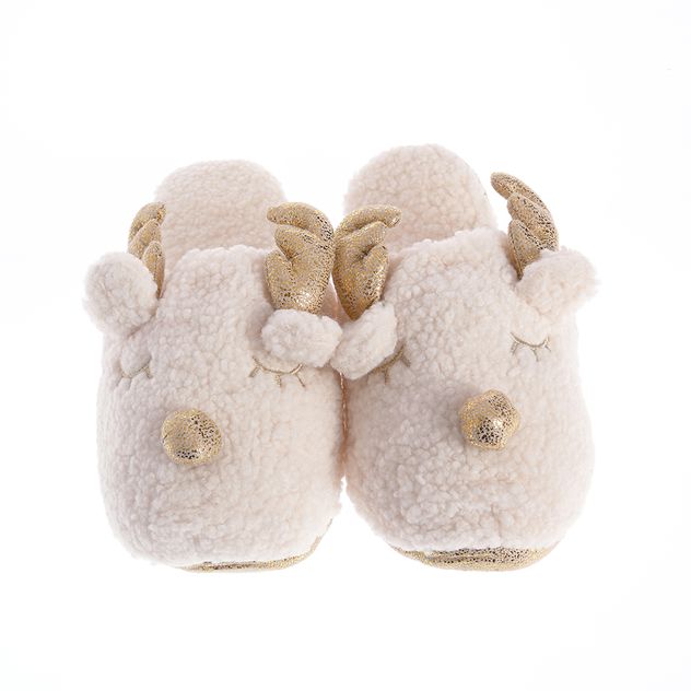 Papuci de casa pufosi cu ren si detalii aurii