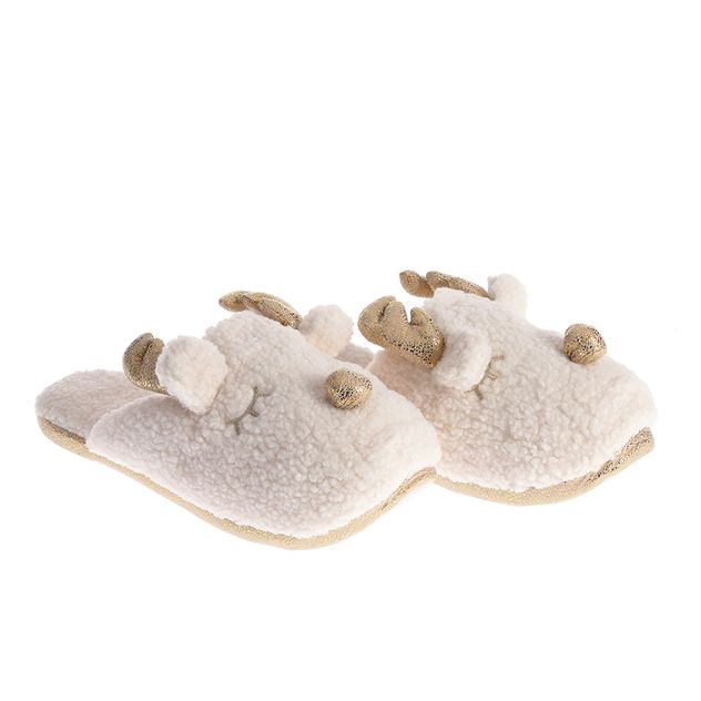 Papuci de casa pufosi cu ren si detalii aurii