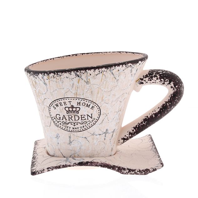 Ghiveci decorativ ceramic in forma de ceasca, stil vintage 25 cm