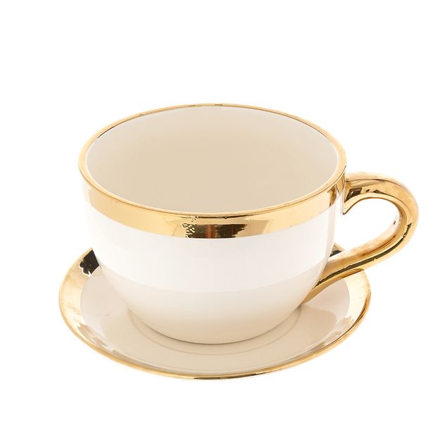 Ghiveci ceramic alb cu accente aurii, design elegant 29 cm