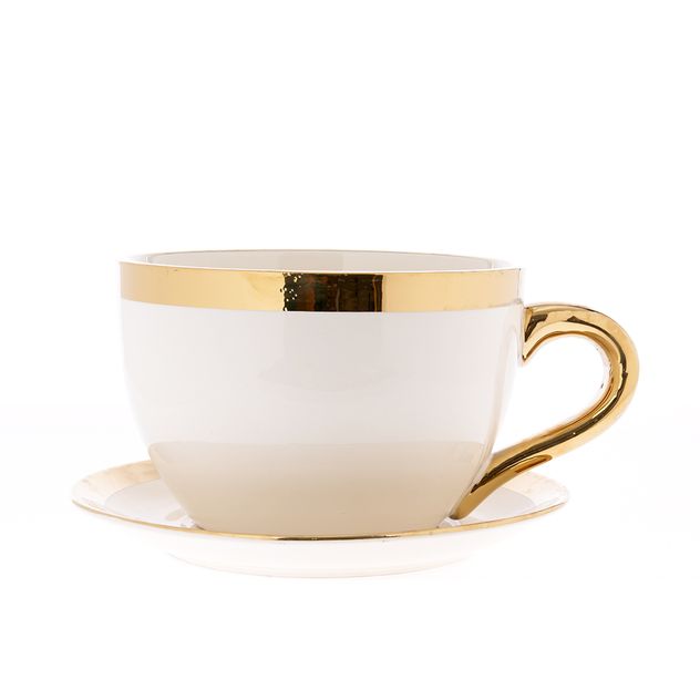 Ghiveci ceramic alb cu accente aurii, design elegant 29 cm