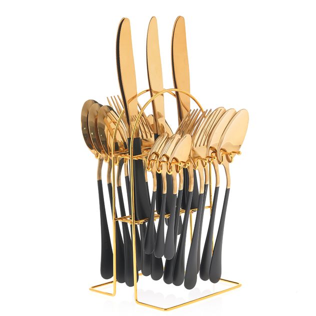 Set tacamuri inox auriu cu maner negru si suport metalic, 24 piese