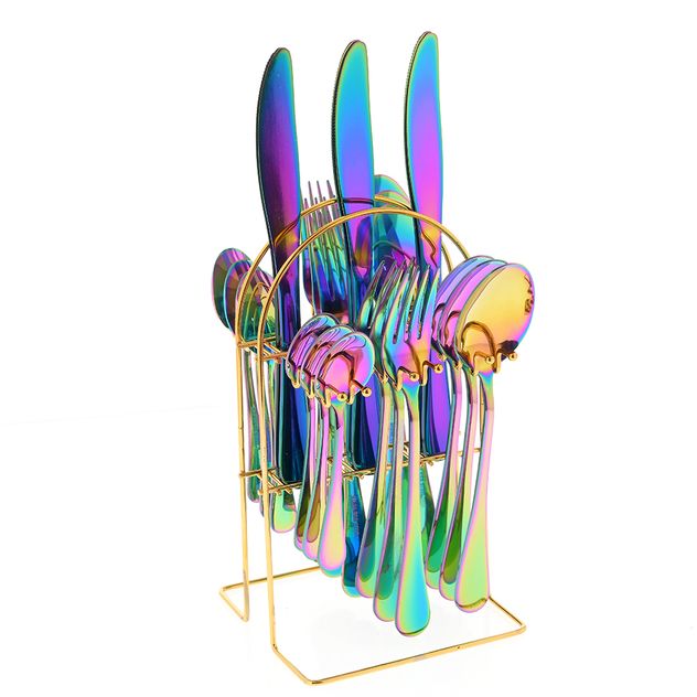 Set tacamuri inox curcubeu cu suport metalic auriu, 24 piese