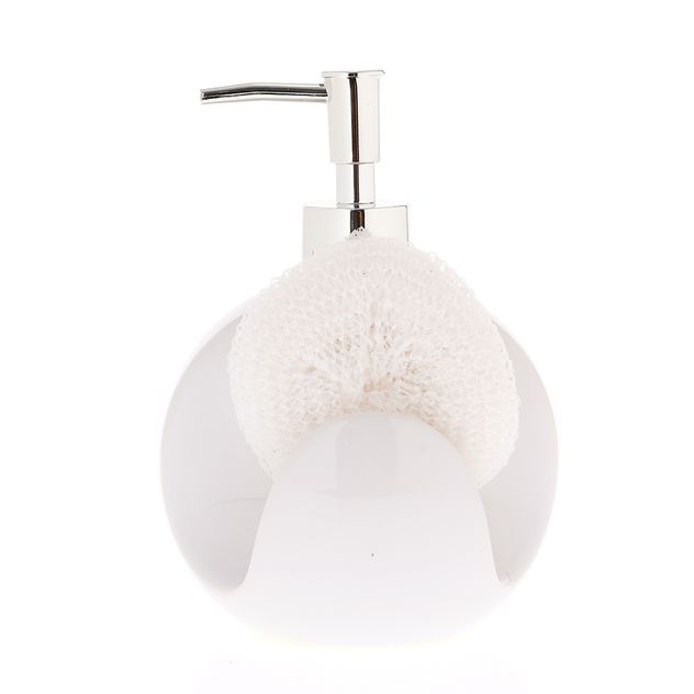 Dozator pentru sapun lichid cu suport pentru burete, finisaj alb lucios 16 cm