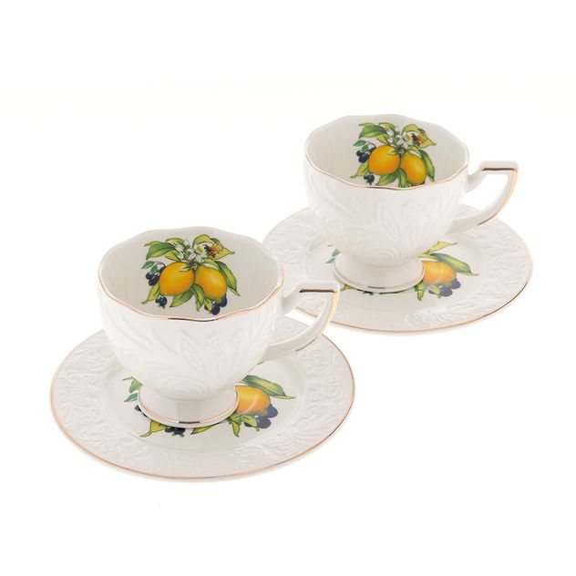 Set 2 cesti cu farfurii din portelan imprimeu lamai 220 ml