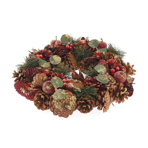 Coronita decorativa de Craciun cu conuri, fructe rosii si accente aurii 34 cm