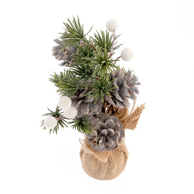 Brad decorativ cu conuri gri si sac din iuta 20 cm