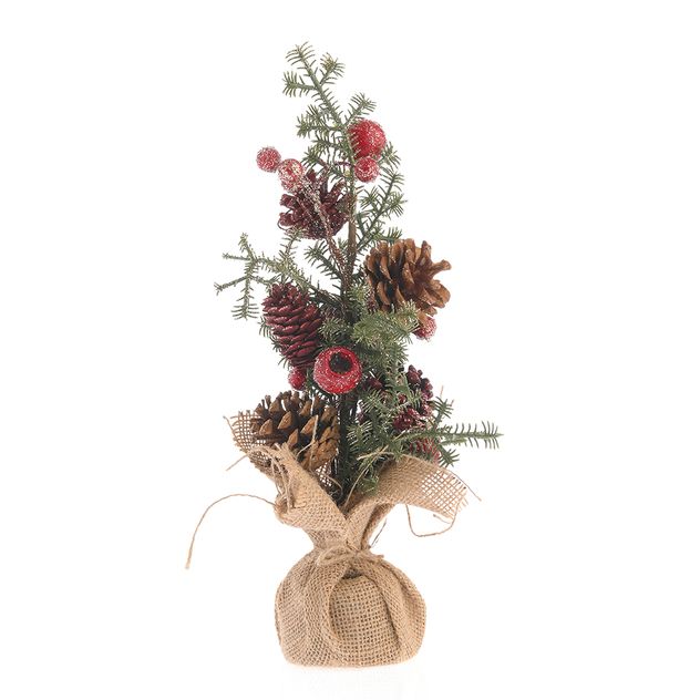 Brad decorativ cu conuri, fructe rosii si baza din iuta 37 cm