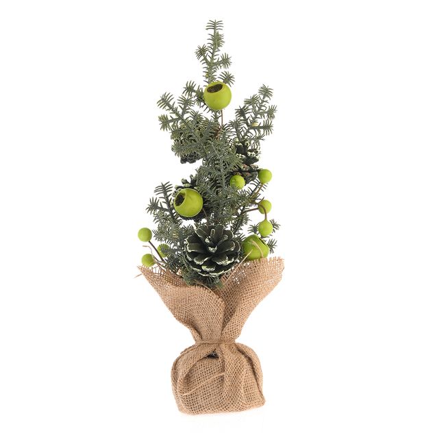 Brad decorativ cu mere verzi, conuri si baza din iuta 20 cm