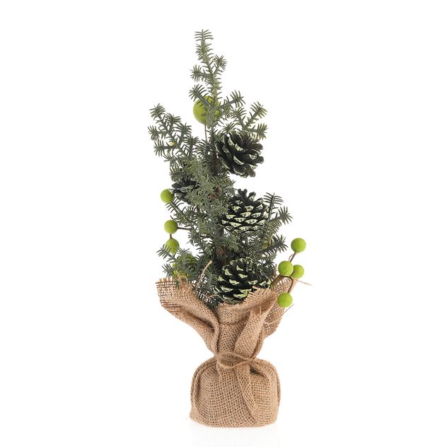 Brad decorativ cu mere verzi, conuri si baza din iuta 20 cm