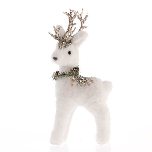 Statueta decorativa caprioara alba cu ghirlanda si coarne glitter 38 cm