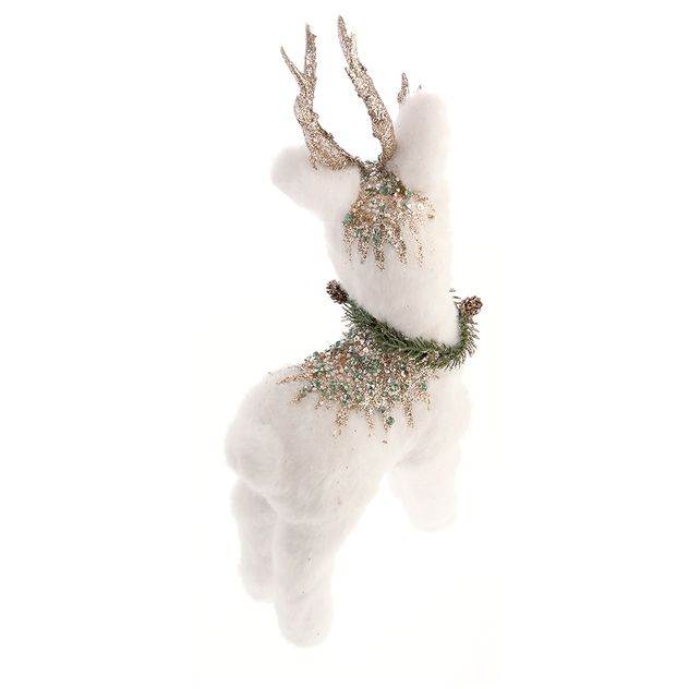 Statueta decorativa caprioara alba cu ghirlanda si coarne glitter 38 cm